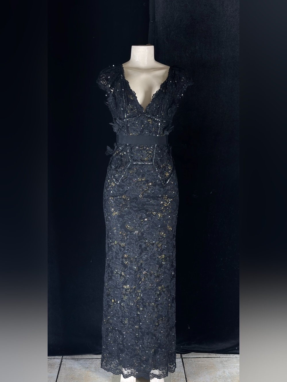 Black Lace Maxi Dress with Sequin Embellishment
